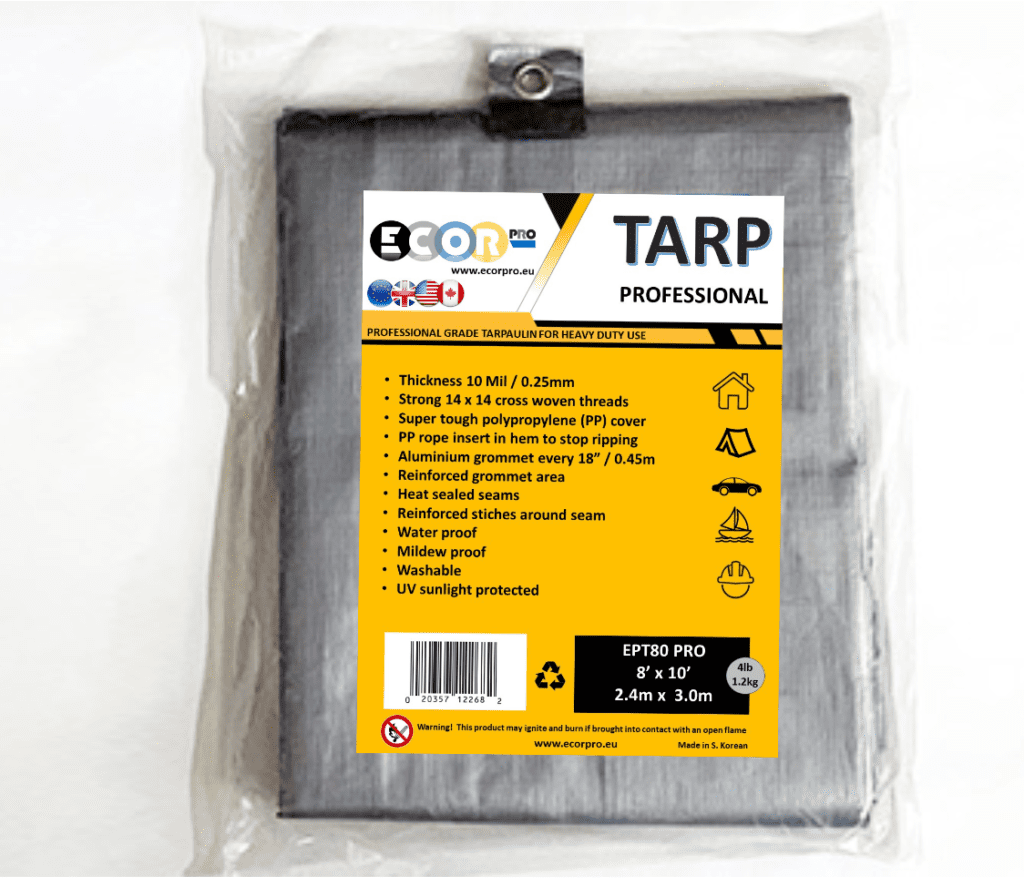 Blue and silver tarpaulin packaging and sizes in silver and blue